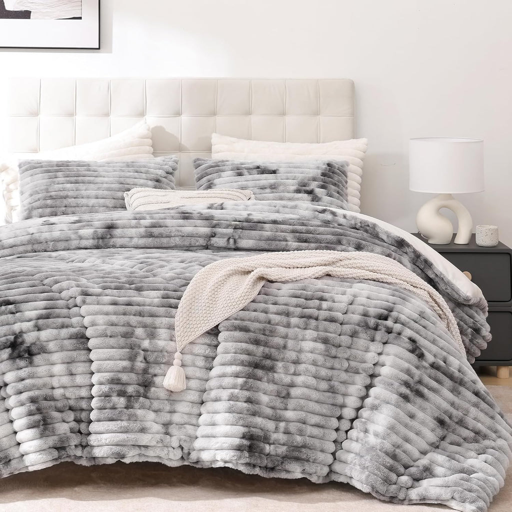 Smoofy Fluffy King Size Comforter Set 3 Pieces - Tie-Dye Grey Fleece Fluffy Comforter Set, Luxury Fuzzy King Bedding Set, Soft King Bed Set All Season, Heavy Faux Fur Comforter with 2 Pillow Cases