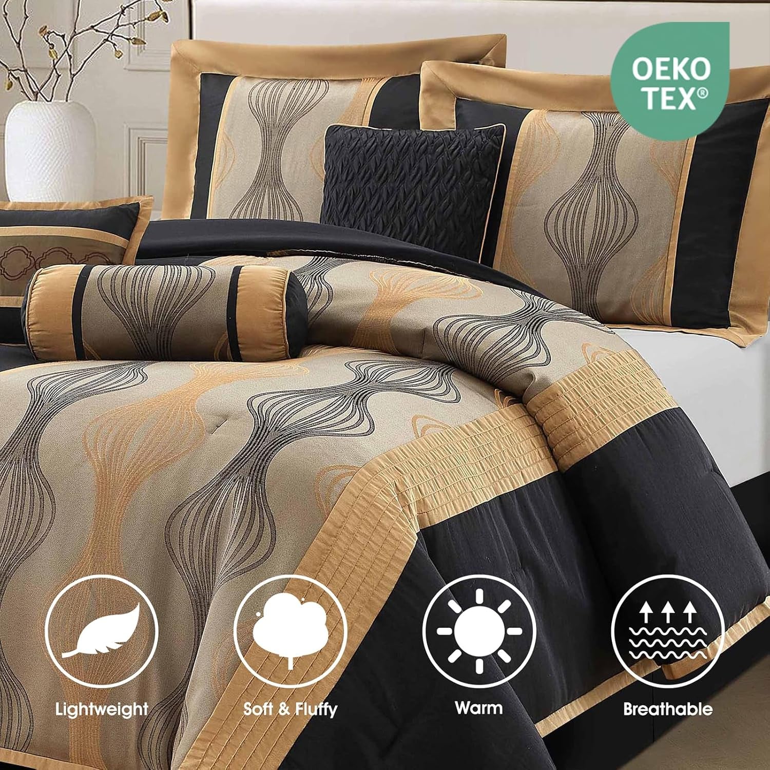 LANCO MODERN LIFESTYLE King Comforter Set, Black Gold, 7 Pieces Bed in a Bag, Ultra Soft Jacquard with Solid Piecework, Luxury Bed Set with Comforters, Bed Skirt, Pillow Shams and Decorative Pillows