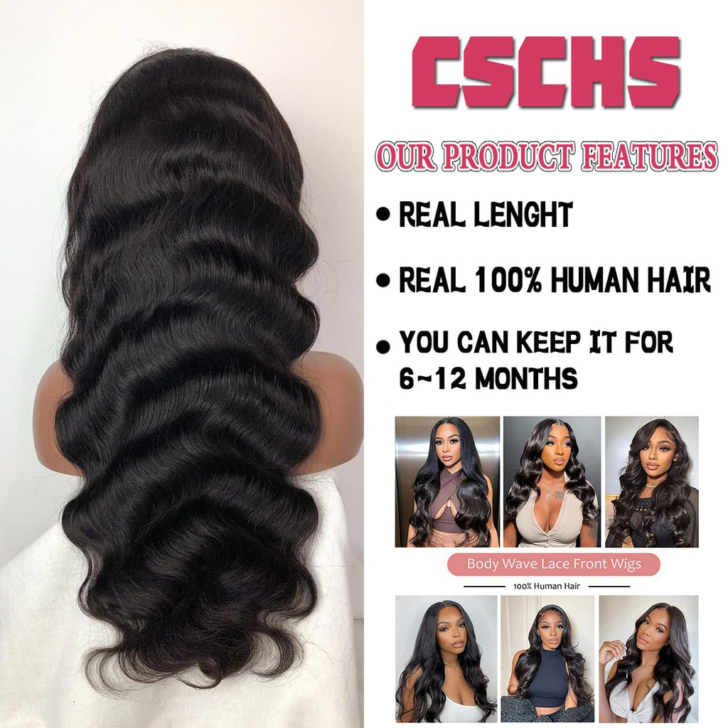 CSCHS Body Wave Wig 13X6 HD Lace Front Wigs Human Hair Pre Plucked Body Wave Lace Front Wigs Human Hair 200 Density Frontal Wigs for Black Women Human Hair Wig 26 Inch