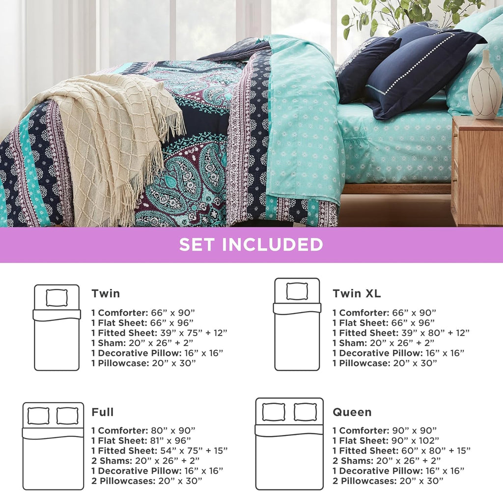 Degrees of Comfort Queen Bed Set, Boho Mandala Comforter Sets with Sheets,Blue Microfibe Bed in a Bag with Side Pockets, Matching Decorative Pillow, 8 Piece Navy