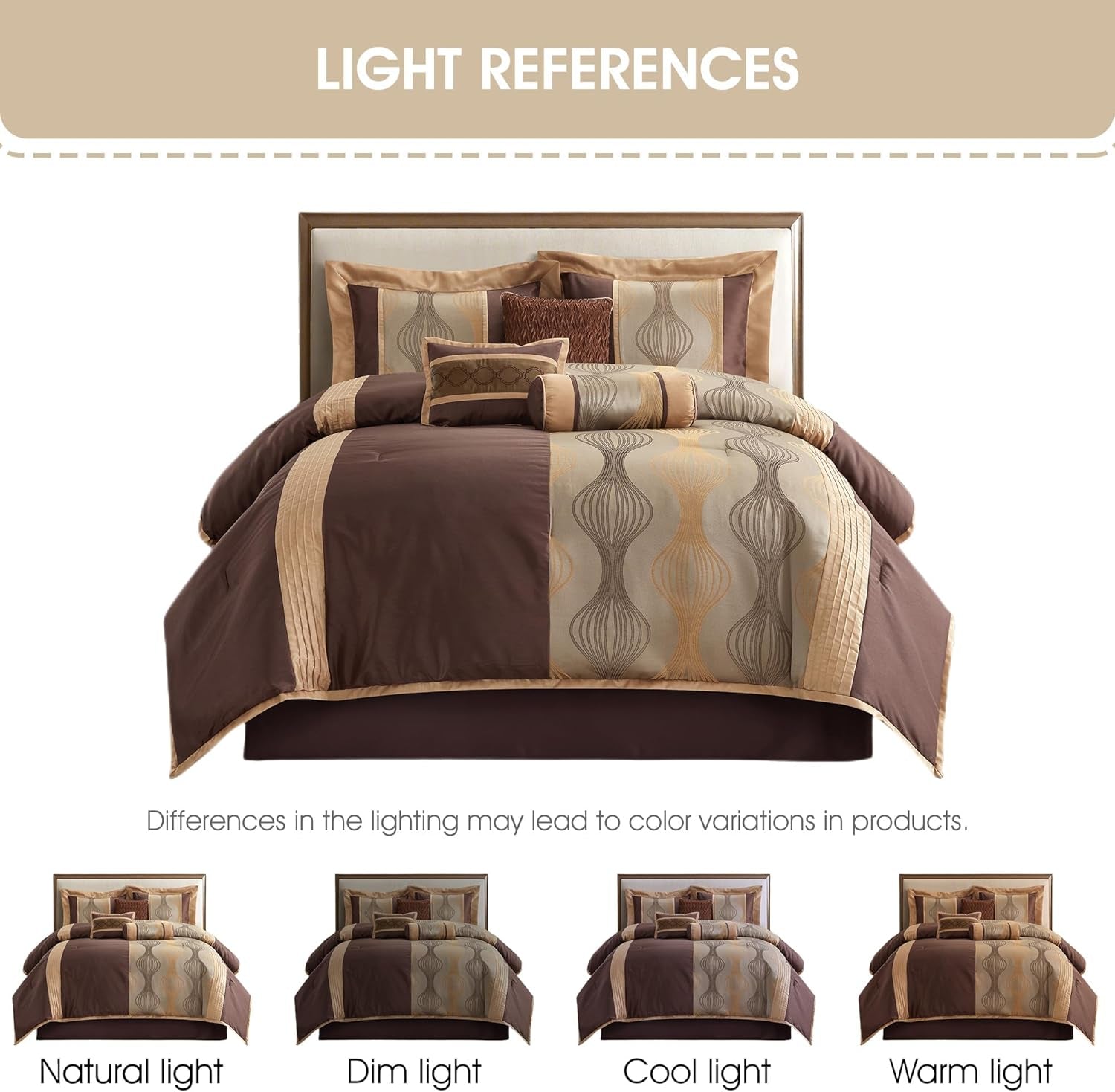 Grand Avenue Elegant Jacquard Brown Comforter Set, Size Queen, 7 Piece Bed in a Bag, Striped Bedding Set All Season, Matching Decorative Pillows, Pillow Shams & Bed Skirt