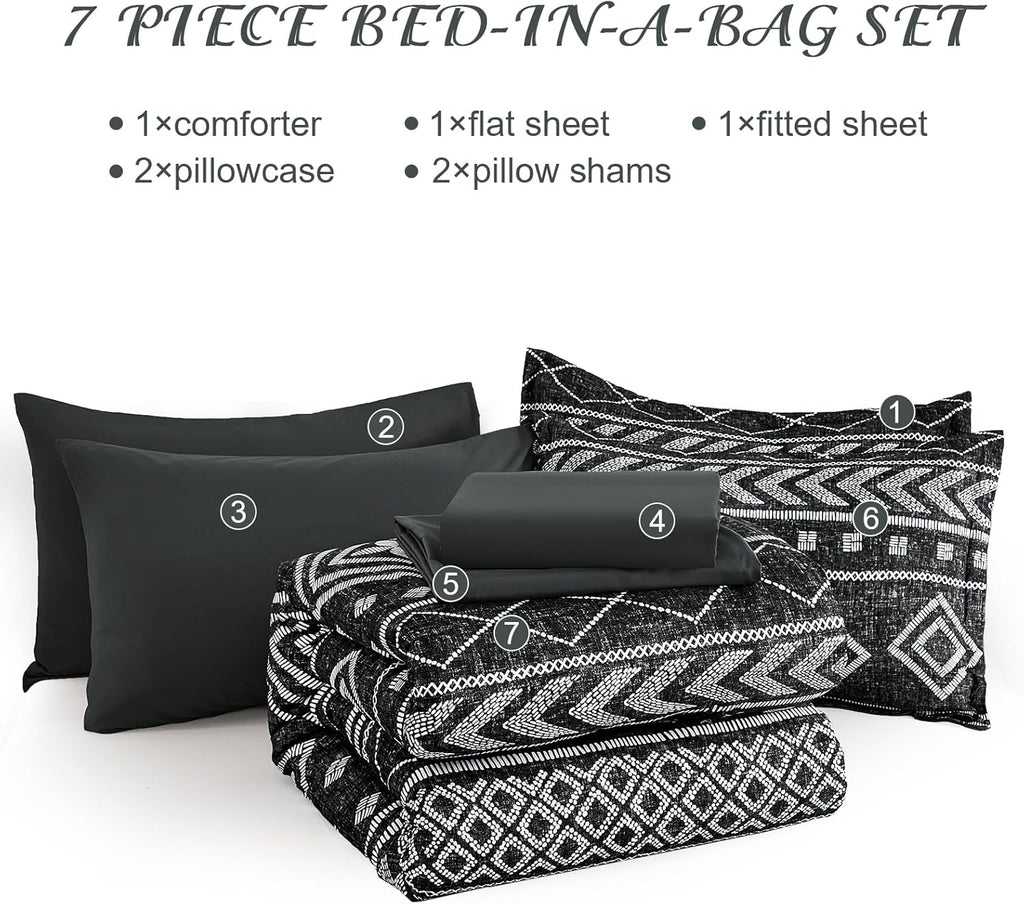 Yiran King Size Comforter Set, 7 Pieces Boho Bed in a Bag, Black Bedding Set for All Seasons, Lightweight Comforter Bed Set with Sheets, Pillowcases & Shams