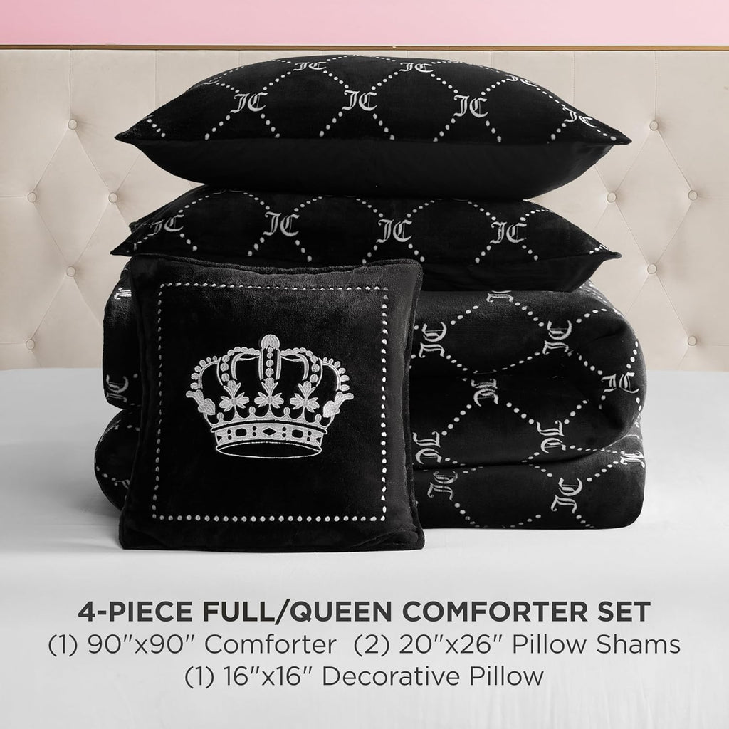 Juicy Couture Plush Reversible Trellis Link 4-Piece Full/Queen Comforter Set with Decorative Pillow, Black