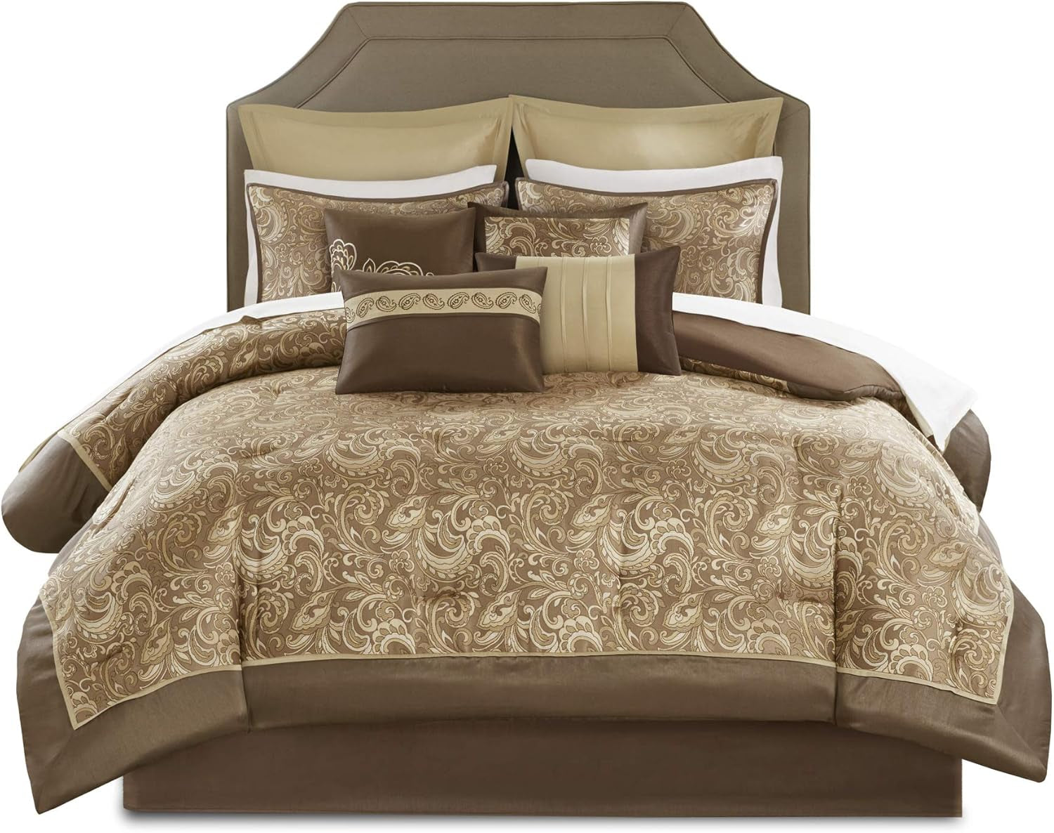 Madison Park Essentials Brystol 24 Piece Room in a Bag Faux Silk Comforter Jacquard Paisley Design Matching Curtains down Alternative Hypoallergenic All Season Bedding-Set, Queen(90"X90"), Brown