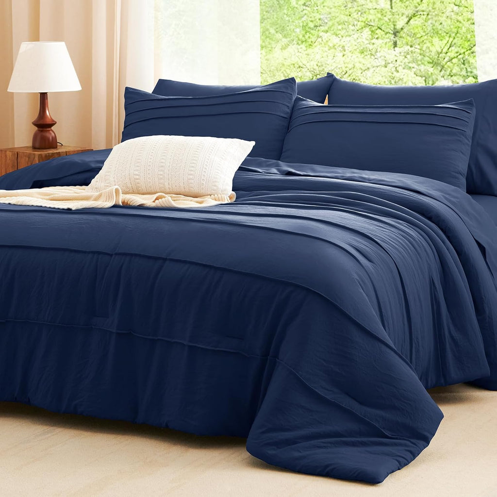 Cozylux Queen Comforter Set Navy Blue, 7 Pieces Soft Pinch Pleat Bed in a Bag Queen Comforter Set with Sheets, Boho Bed Set with down Alternative Comforter, Sheets, Pillowcases & Shams