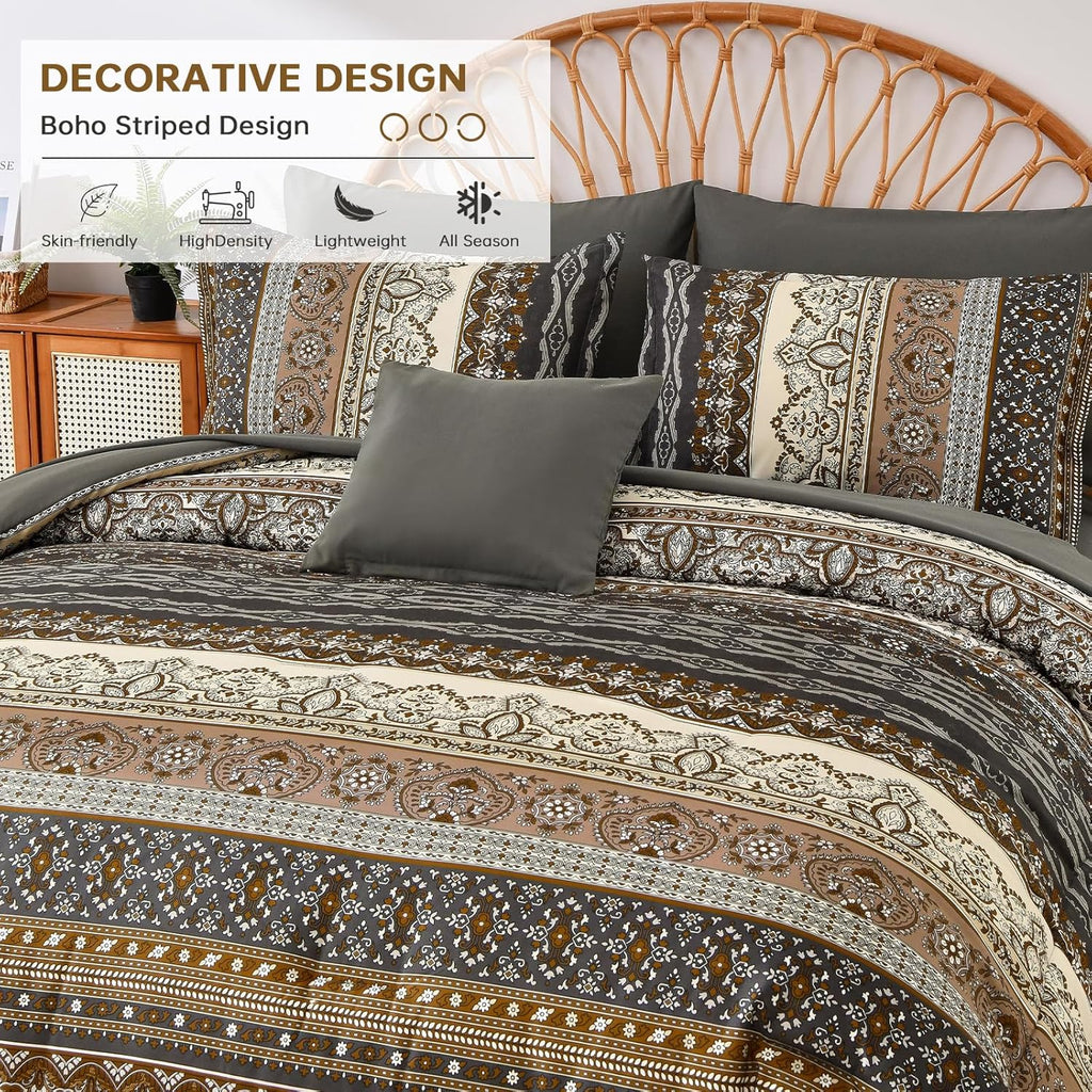 Cottolester Boho Queen Comforter Set 8 Pieces,Brown Black Bohemian Comforter Paisley Striped Bed in a Bag,Soft Microfiber Bedding Set for All Season