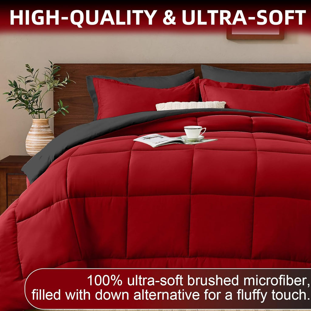 FUANNA Queen Comforter Set 7 Pieces, Reversible Queen Size Bed in a Bag with All Season Premium Comforter, Bedding Sets Includes Comforter, Flat Sheet, Fitted Sheet, Pillowcases & Shams, Red & Black