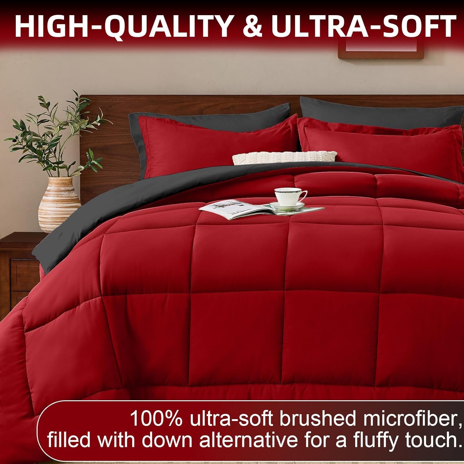 FUANNA Queen Comforter Set 7 Pieces, Reversible Queen Size Bed in a Bag with All Season Premium Comforter, Bedding Sets Includes Comforter, Flat Sheet, Fitted Sheet, Pillowcases & Shams, Red & Black