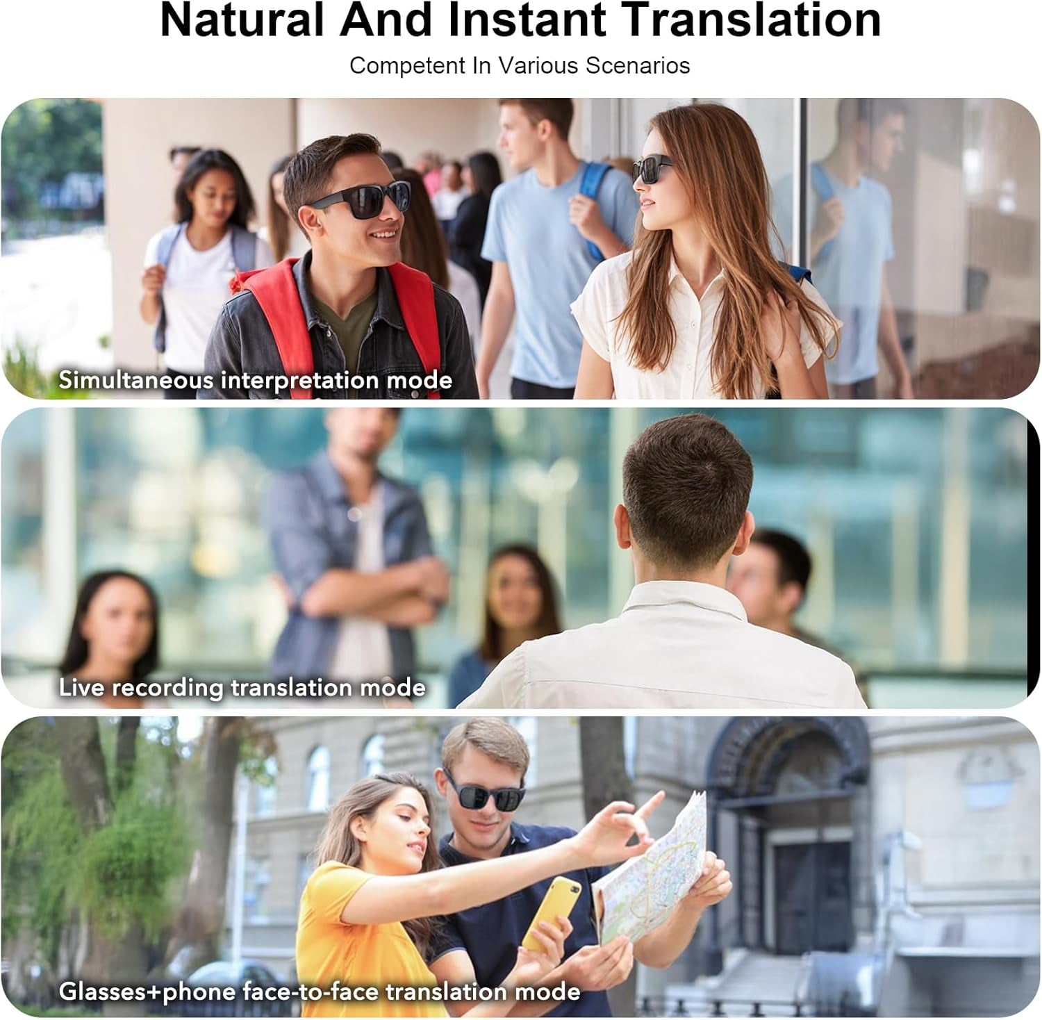 AI Smart Glasses, AI Dialogue Voice Wake-Up, 115 Language Translation, Simultaneous Interpretation, On-Site Recording Translation, Use Mobile App Audio and Video Translation, Conference Translation