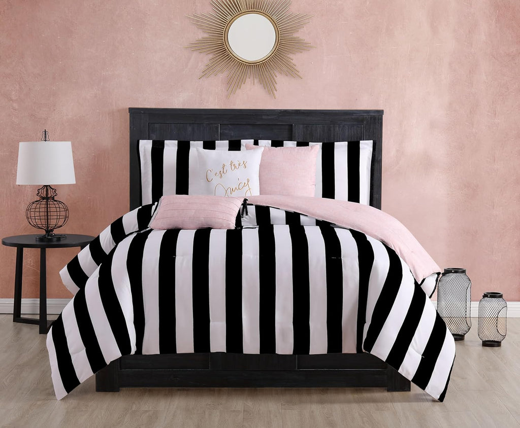 Juicy Couture Cabana Stripe Reversible Bedding Set - Queen Size - Black and White Stripe Print – 6 Piece Set – Includes 1 90" X 90" Comforter, 3 Decorative Pillows, 2 Shams