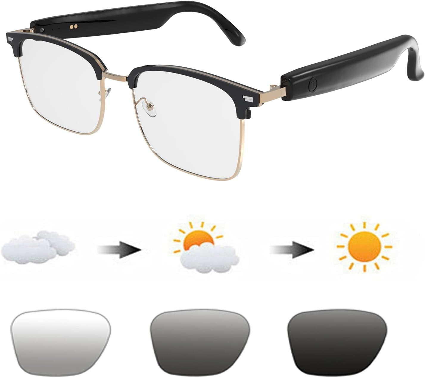 Smart Glasses,Bluetooth Glasses for Men Women,Open Ear Sounds,Transitional Lens for Outerdoor Sport,Audio Glasses for Music Calls (Black Gold)