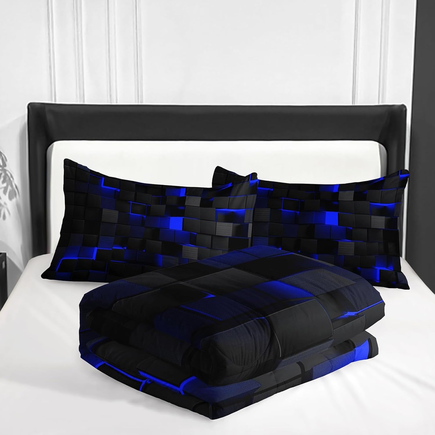 Nttopship Neon Blue Black Comforter Set King Geometric Kids Bedding Set,3 PCS Geometry Honeycomb Bed Set Modern Quilt Set 1 Comforter 2 Pillow Cases Cool Room Decor All Season B-Side Black