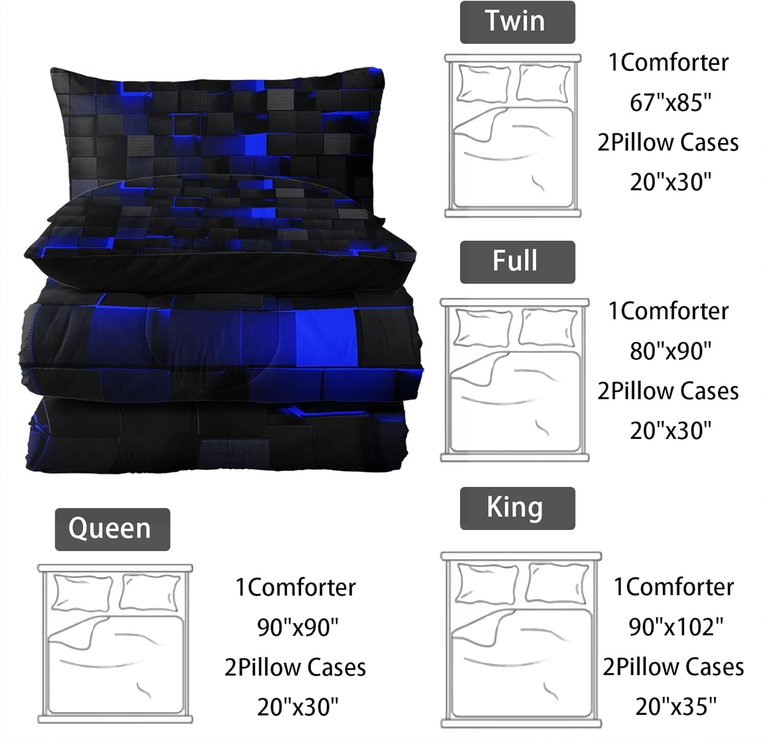Nttopship Neon Blue Black Comforter Set King Geometric Kids Bedding Set,3 PCS Geometry Honeycomb Bed Set Modern Quilt Set 1 Comforter 2 Pillow Cases Cool Room Decor All Season B-Side Black