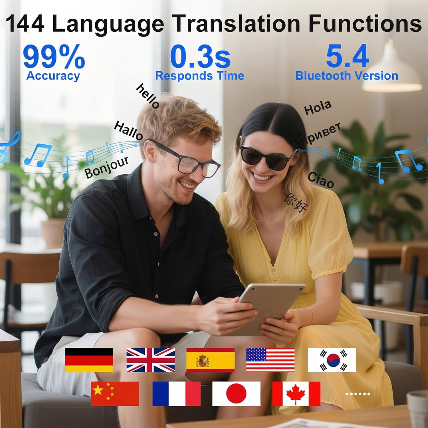 AI Smart Glasses for Men and Women with Chat GPT, Real Time Translation Glasses with 164 Languages,Sunglasses Music Playback, Hands-Free Calls, Open-Ear Audio for Travel, Meetings