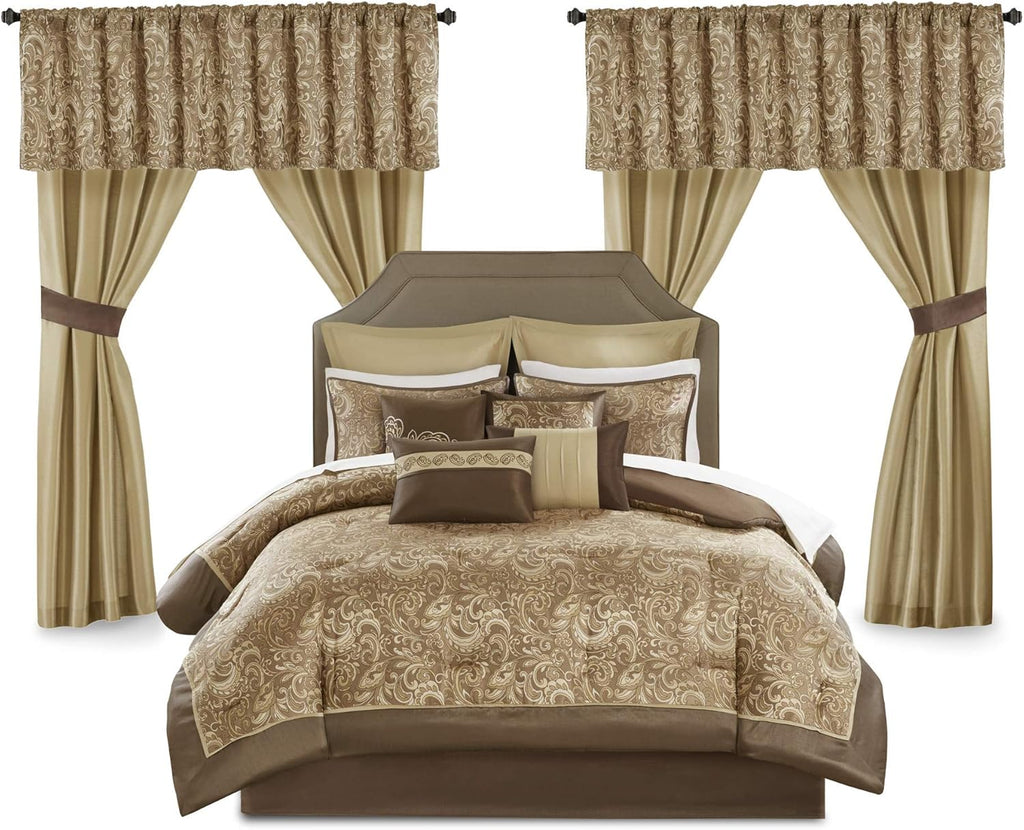 Madison Park Essentials Brystol 24 Piece Room in a Bag Faux Silk Comforter Jacquard Paisley Design Matching Curtains down Alternative Hypoallergenic All Season Bedding-Set, Queen(90"X90"), Brown