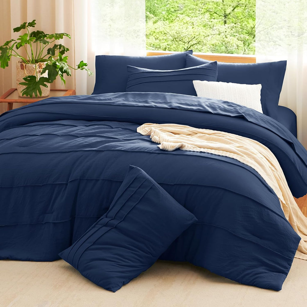 Cozylux Queen Comforter Set Navy Blue, 7 Pieces Soft Pinch Pleat Bed in a Bag Queen Comforter Set with Sheets, Boho Bed Set with down Alternative Comforter, Sheets, Pillowcases & Shams