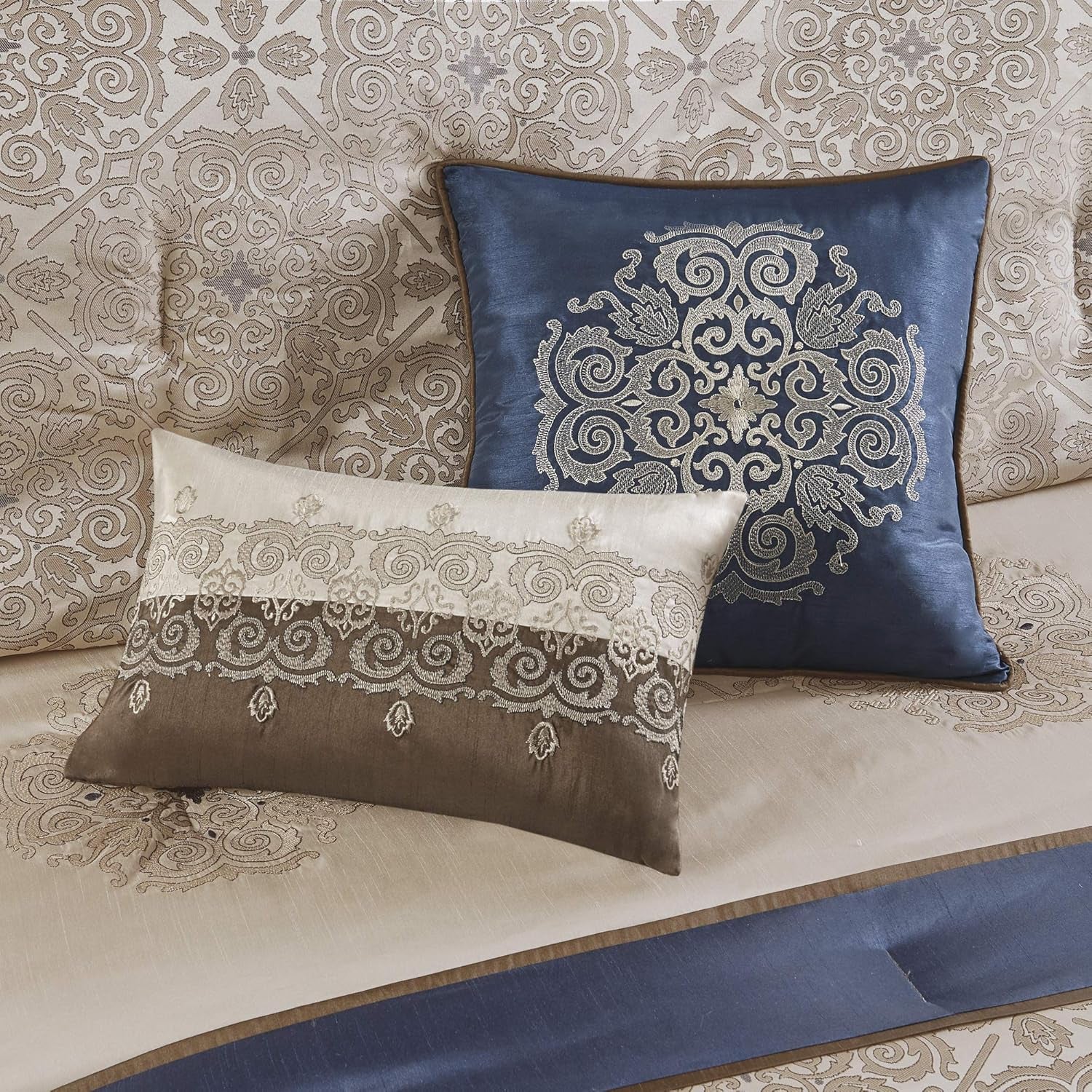 Madison Park Essentials Delaney 24-Piece Room in a Bag Comforter Set-Satin Jacquard All Season Luxury Bedding, Sheets, Decorative Pillows and Curtains, Valance, Queen (90 in X 90 In), Medallion Navy