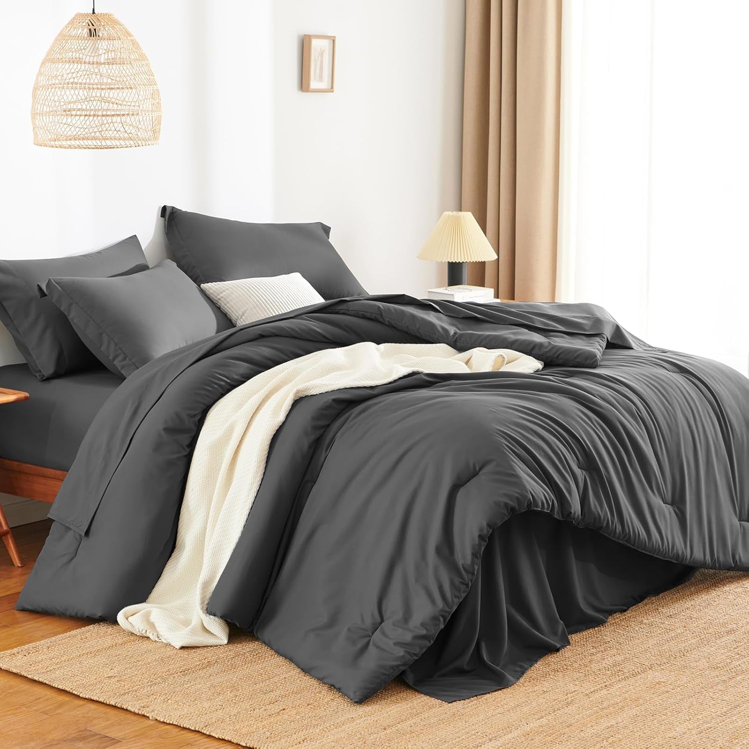 Queen Comforter Set - 7 Pieces Bed in a Bag Queen Size, Luxury Comforter Set with Sheets for All Season, Bed Set with Comforter, Flat Sheet, Fitted Sheet, Pillowcases & Shams, Dark Grey