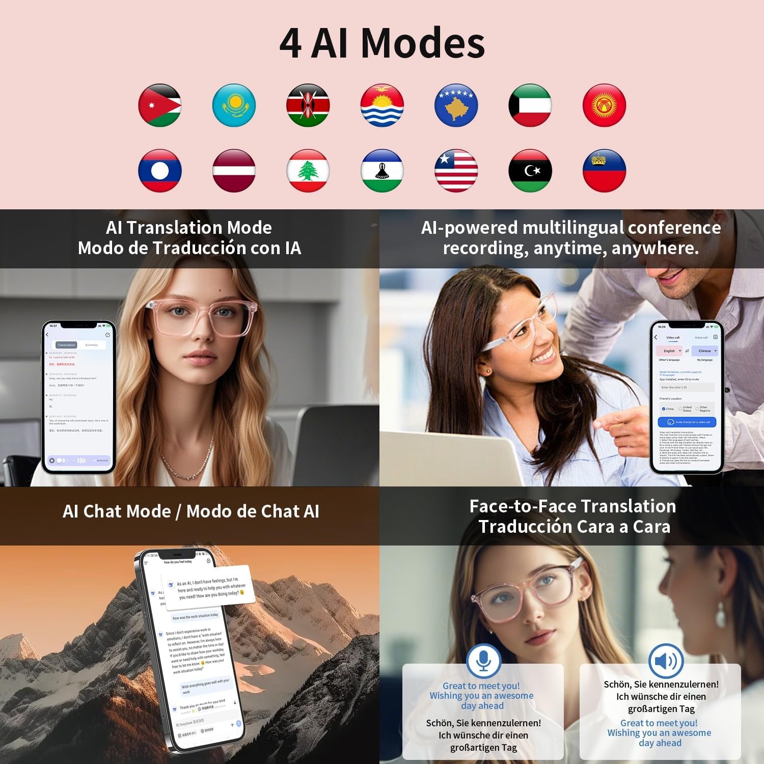 AI Smart Glasses for Women Men, Clear Frame Blue Light Glasses, Real-Time Translation（160+Languages), Photo Translation, No Subscription, Bluetooth 6.0 AI Translation Glasses for Business Travel-Pink