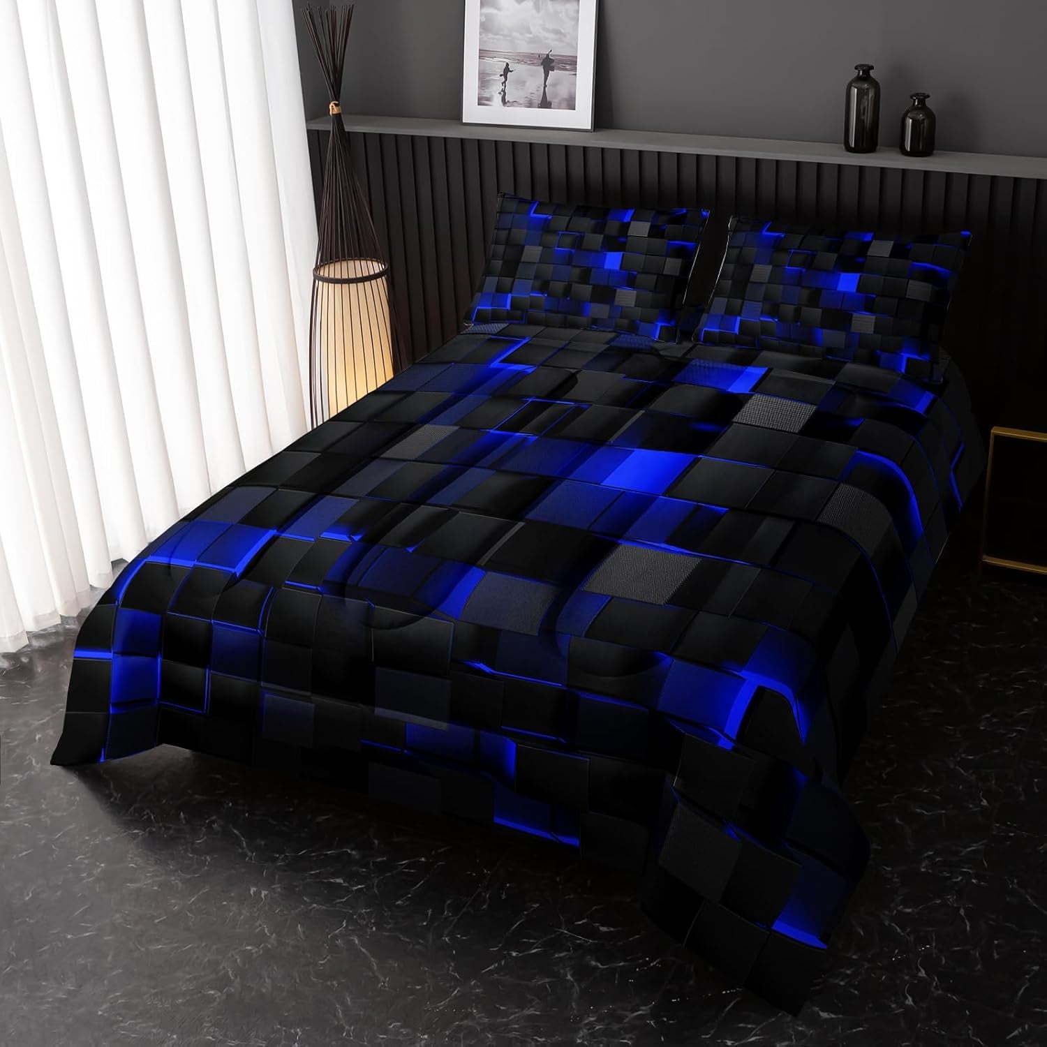 Nttopship Neon Blue Black Comforter Set King Geometric Kids Bedding Set,3 PCS Geometry Honeycomb Bed Set Modern Quilt Set 1 Comforter 2 Pillow Cases Cool Room Decor All Season B-Side Black