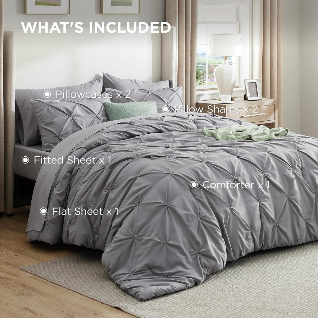 Bedsure Queen Comforter Set Grey - Bed in a Bag Queen Size Bedding 7 Pieces, Gentlesoft™ Pintuck Bed Set Gift for Family, All Season down Alternative Comforter with Sheets, Pillowcases & Shams