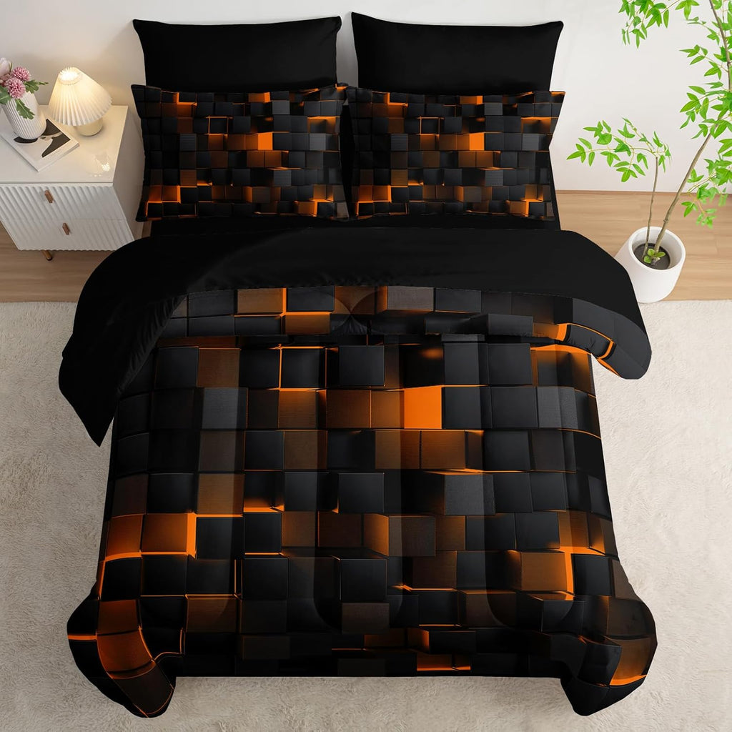 Nttopship Geometric Yellow Black King Comforter Set,Light Honeycomb Bedding Set 7 Piece in a Bag,Bed Sheet Set Geometry Decor,Microfiber Lightweight All Season