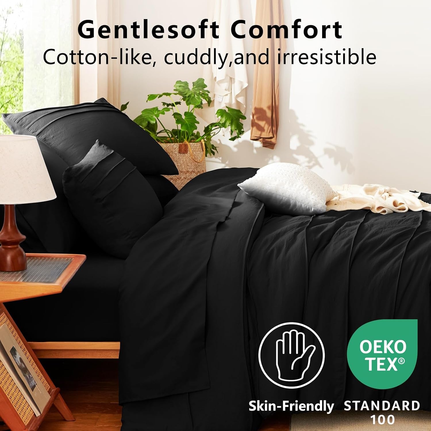 Cozylux Queen Comforter Set Black, 7 Pieces Soft Pinch Pleat Bed in a Bag Queen Comforter Set with Sheets, Boho Bed Set with down Alternative Comforter, Sheets, Pillowcases & Shams