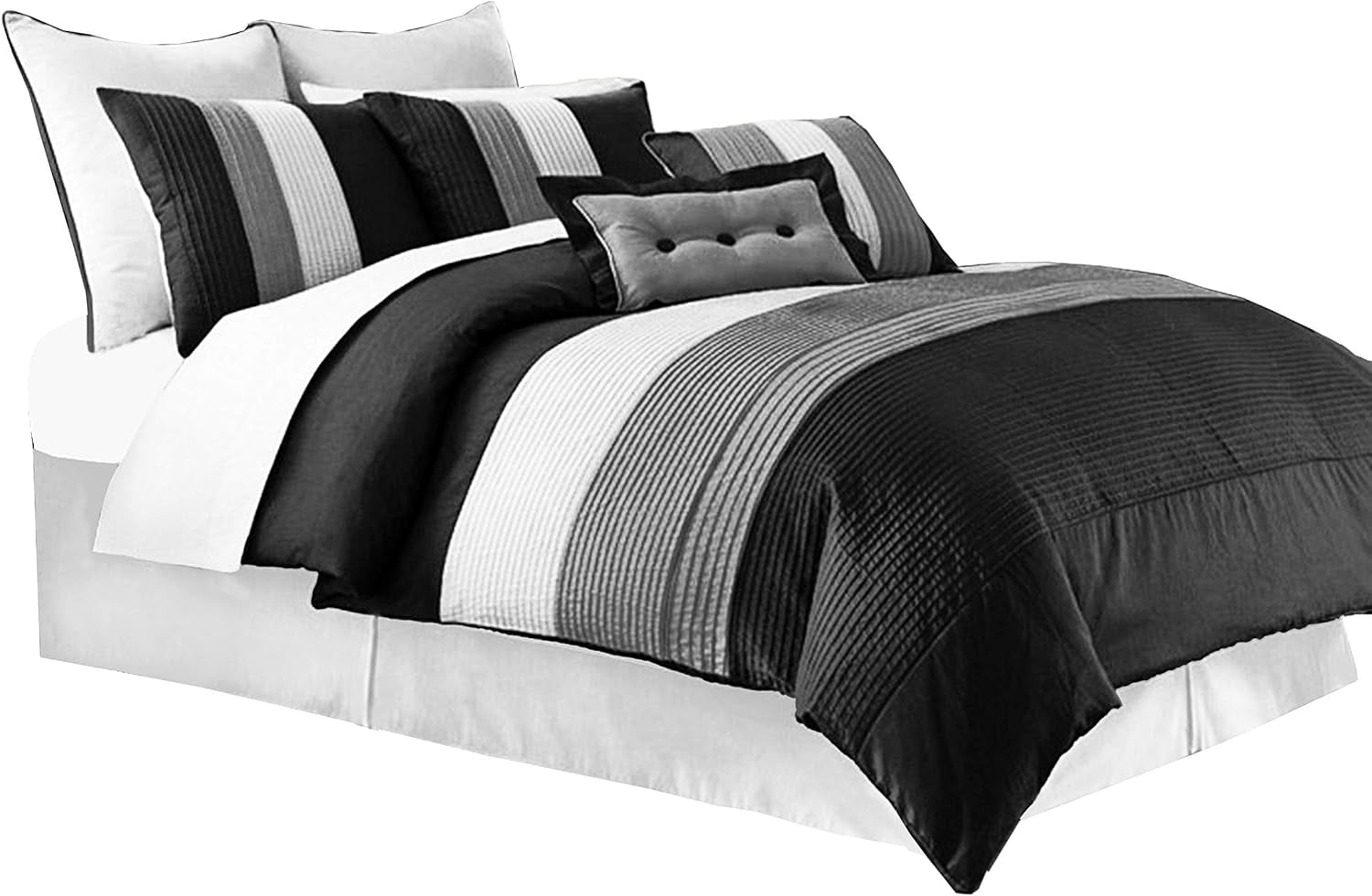 Chezmoi Collection Loft 8-Piece Luxury Striped Comforter Set (Queen, Black/Gray/White)
