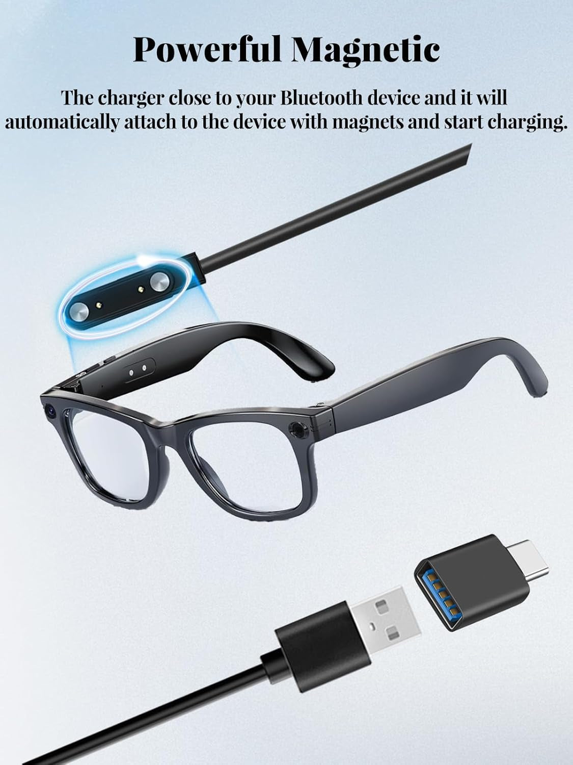 For Mingtawn W610 AI Smart Glasses Charger Cable, Magnetic USB a Fast Charging Cord with USB C Adapter (2 X Cable + 1 X Adapter)