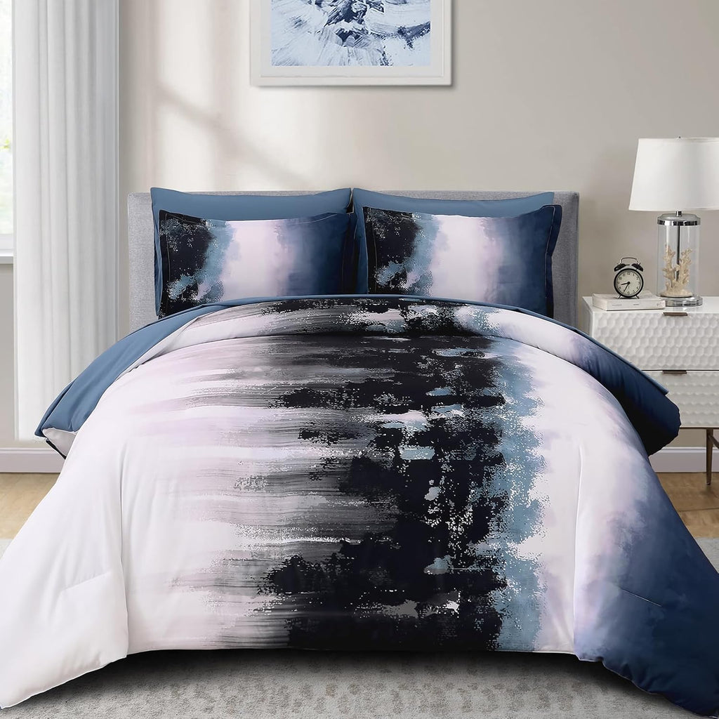 Dinjoy Ombre Blue Comforter Set King Size Gradient Navy Blue Black Boho Bedding Set for Teen Men Women 7 Pieces Bed in a Bag Bohemian Bed Set with Comforter, Sheets, Pillowcases & Shams