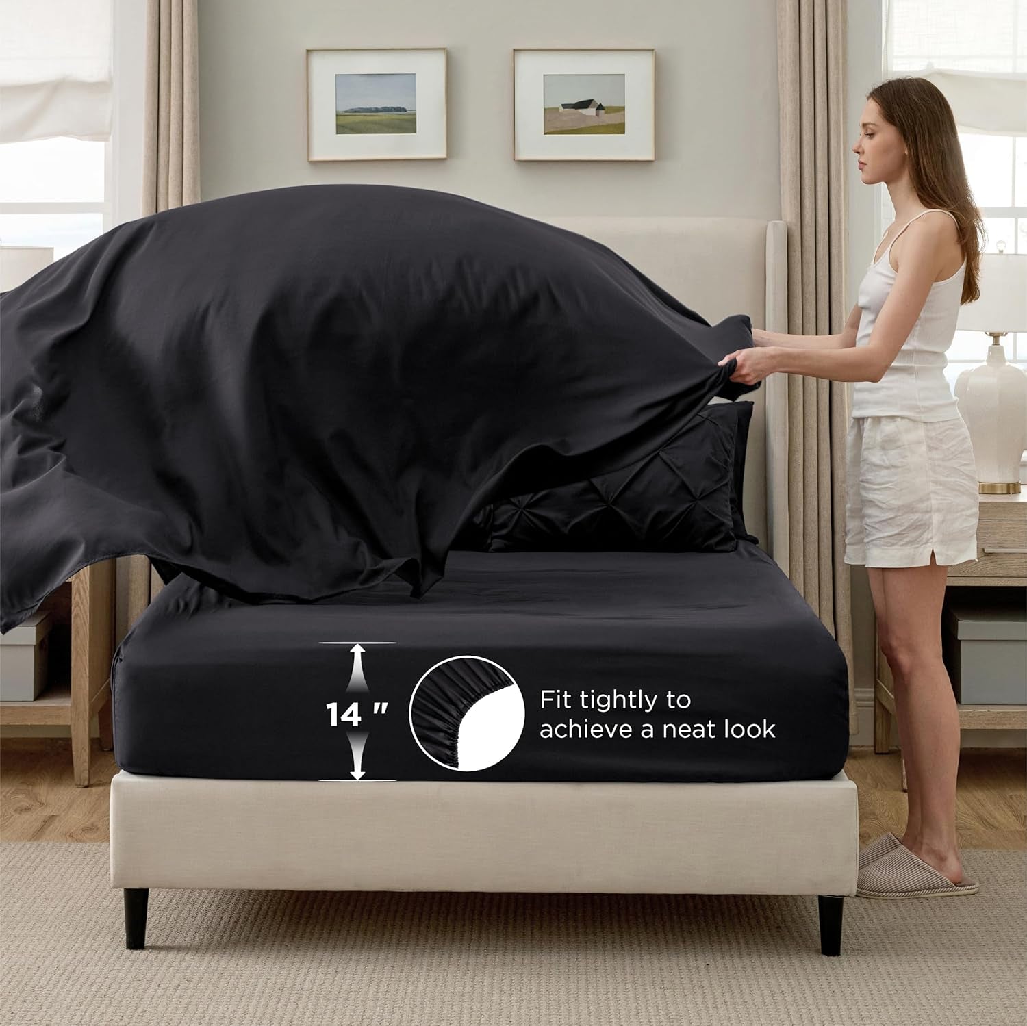 Bedsure Black Comforter Set - Bed in a Bag Queen Size Gothic Bedding 7 Pieces, Gentlesoft™ Pintuck Bed Set Gift for Family, All Season down Alternative Comforter with Sheets, Pillowcases & Shams