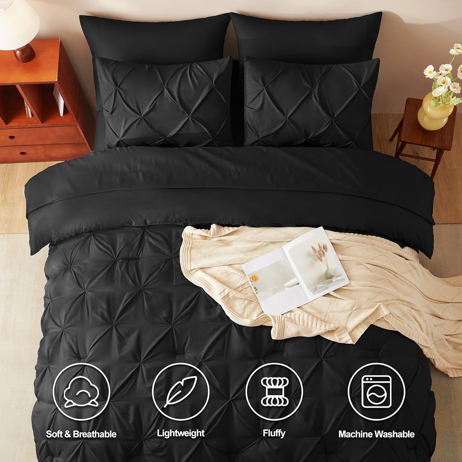 Pintuck Bed in a Bag, 7 Pieces King Size Comforter Set Black, Luxury Pinch Pleat Bed in a Bag, Soft All Season Bedding Sets with Comforter, Flat Sheet, Fitted Sheet and Pillowcases & Shams