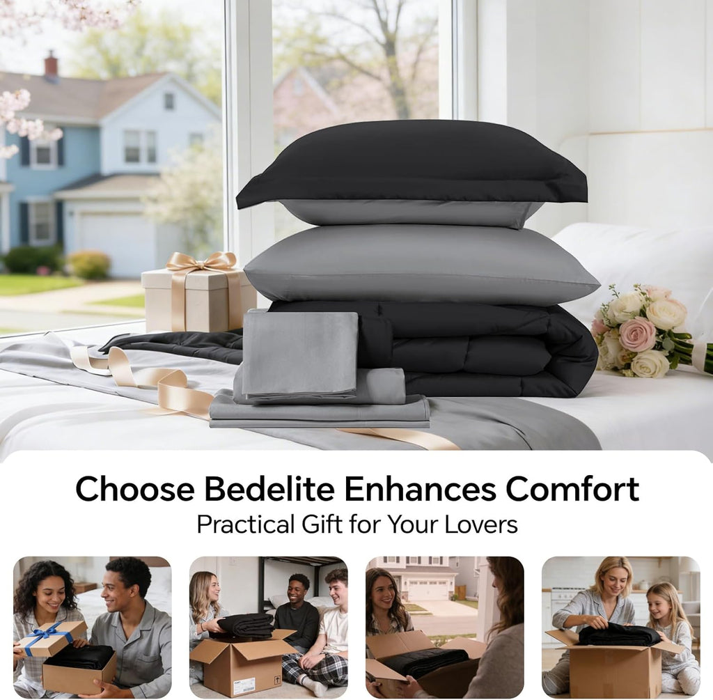 BEDELITE Queen Comforter Set 7 Pieces Bed in a Bag - Soft Microfiber Reversible Black Bed Set with Comforters, Sheets, Pillowcases & Shams, Cozy Luxury Bedding Sets for All Season