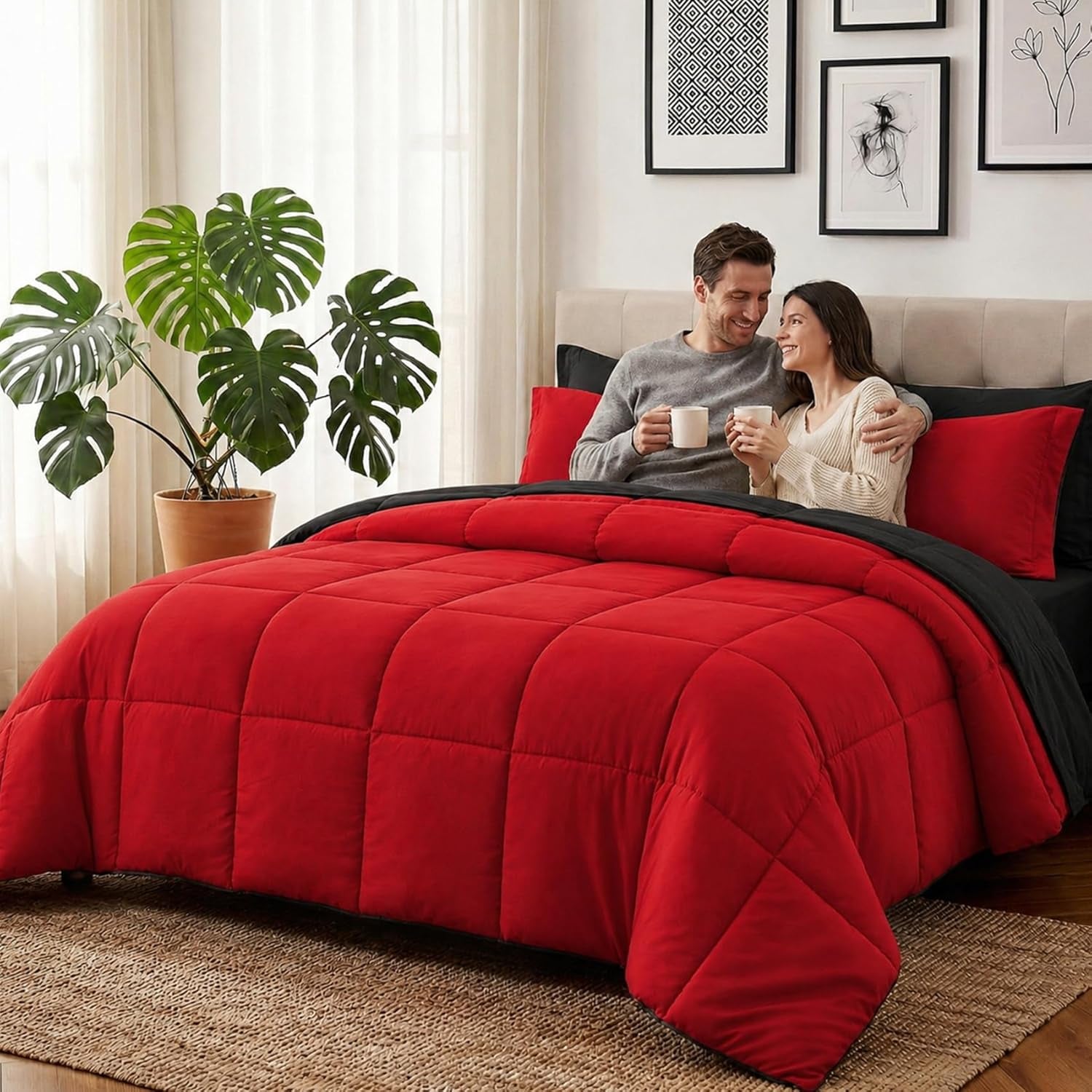 Anluoer King Size Comforter Set 7 Pieces, Reversible Bed in a Bag King Size,Lightweight Bedding Set with Comforter(102"X90"), 2 Pillow Shams, 2 Pillowcases, 1 Flat Sheet, 1 Fitted Sheet,Red & Black