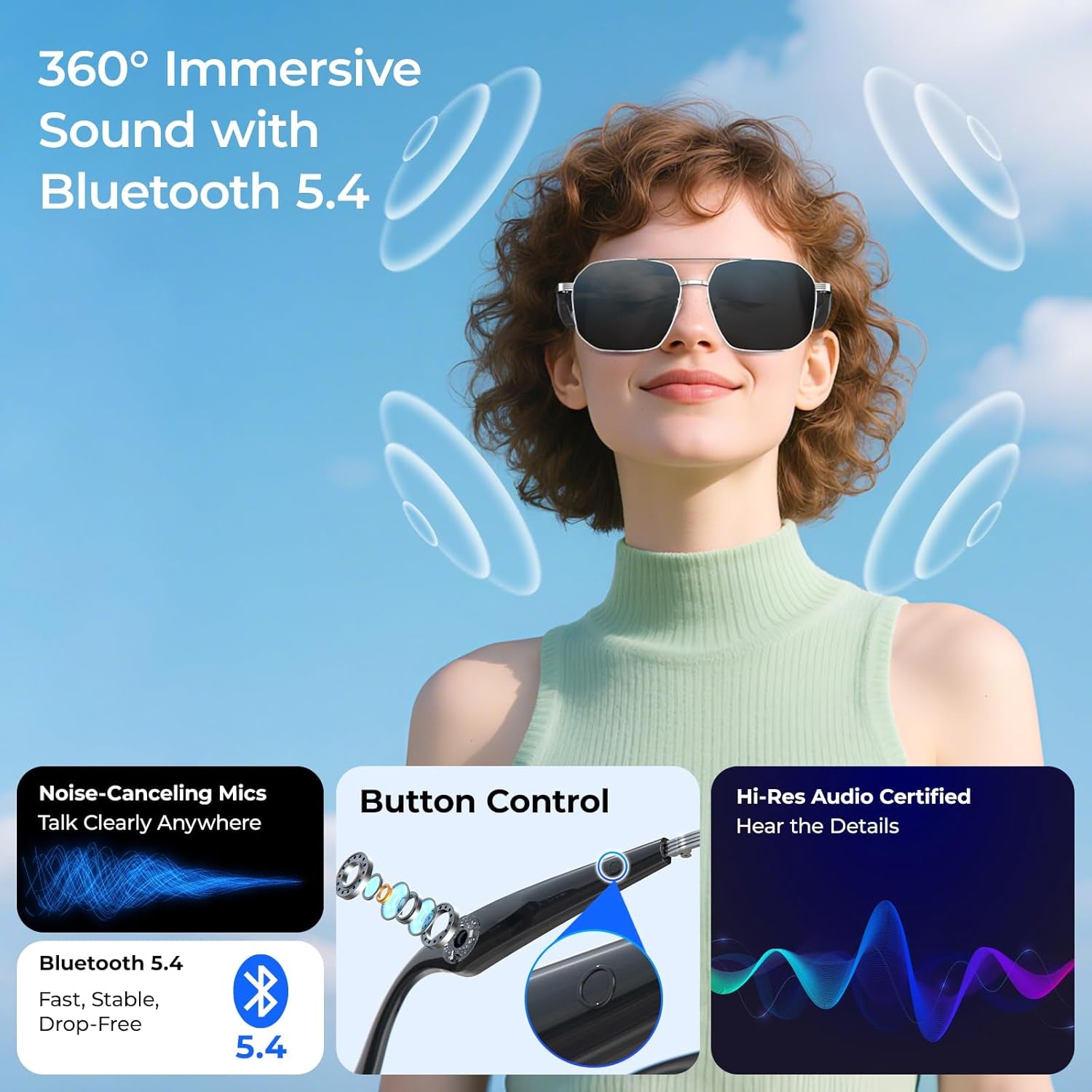 Smart AI Glasses with 100+ Language Translation, Bluetooth 5.4 Glasses with Chat GPT, Blue Light Filtering Lenses with Lightweight Metal Frame Sunglasses, Smart Glasses for Men Women Travel Business