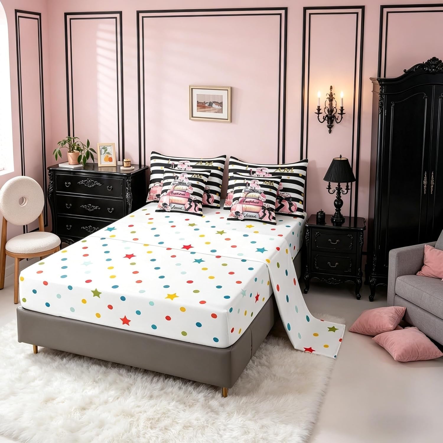 Erosebridal Pink Fashion Comforter Set with Sheets Queen for Girls Girly Modern Inspirational Quotes Women Abstract Black White Stripes Bed in a Bag Books Floral Perfume Makeup 7 Piece Bedding Set