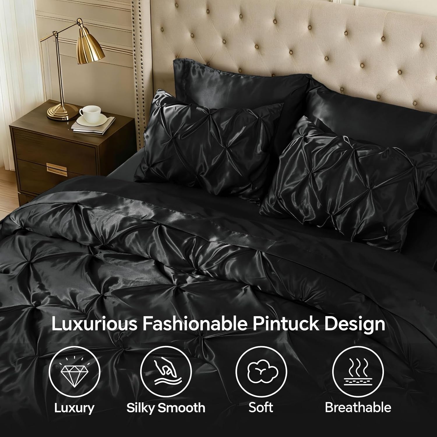 BEDELITE Satin Comforter Set Queen Size, 7 Pieces Pintuck Bed in a Bag with Comforter, Flat Sheet, Fitted Sheet, Pillowcases, Shams, Soft Cozy Similar to Silk Bed Set for All Seasons (Black)