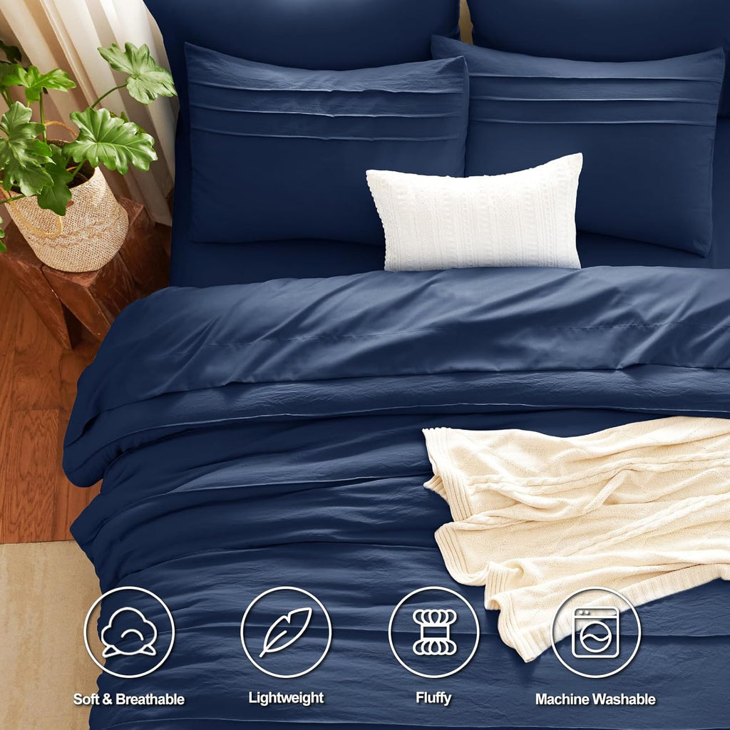 Cozylux Queen Comforter Set Navy Blue, 7 Pieces Soft Pinch Pleat Bed in a Bag Queen Comforter Set with Sheets, Boho Bed Set with down Alternative Comforter, Sheets, Pillowcases & Shams