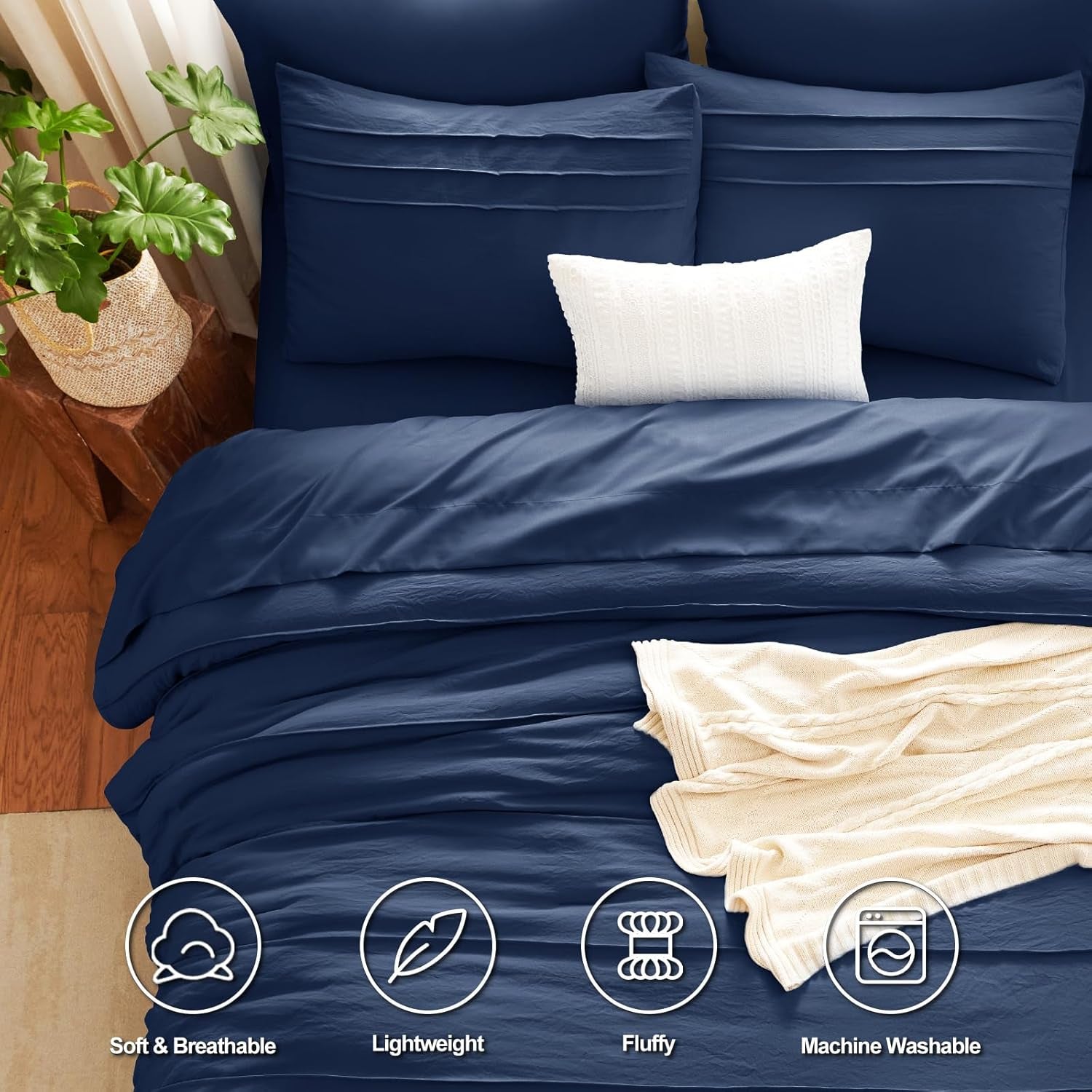 Cozylux Queen Comforter Set Navy Blue, 7 Pieces Soft Pinch Pleat Bed in a Bag Queen Comforter Set with Sheets, Boho Bed Set with down Alternative Comforter, Sheets, Pillowcases & Shams