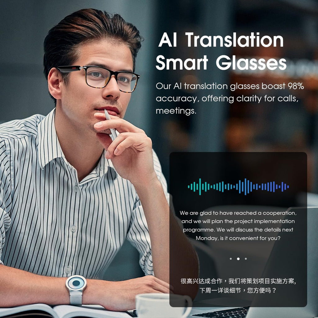AI Smart Glasses for Men & Women, Photochromic AI Translation Glasses, Support 165+ Languages, Touch Control & IPX5 Waterproof, Multifunctional Bluetooth Glasses, Travel Meeting Business Trade(Brown)