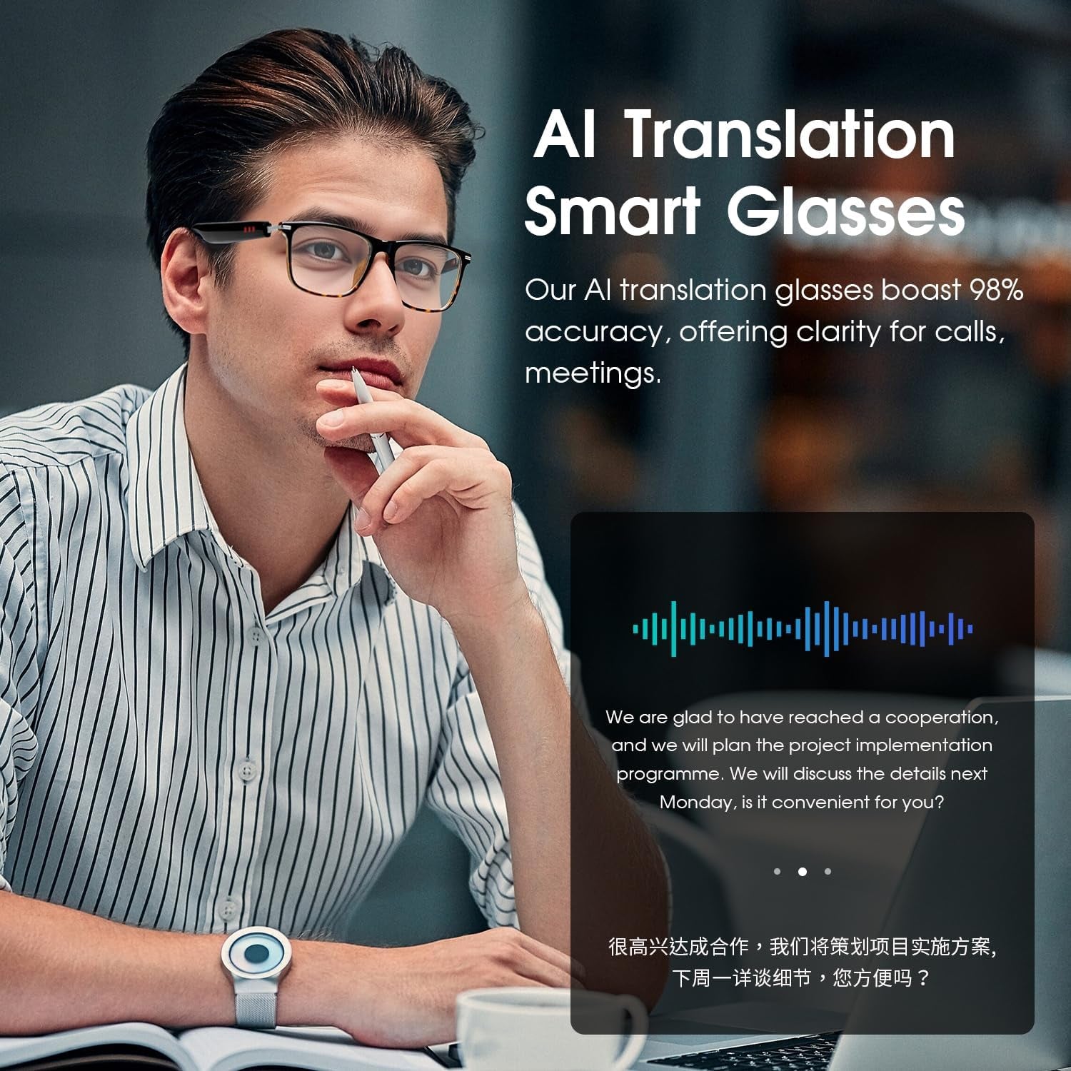 AI Smart Glasses for Men & Women, Photochromic AI Translation Glasses, Support 165+ Languages, Touch Control & IPX5 Waterproof, Multifunctional Bluetooth Glasses, Travel Meeting Business Trade(Brown)