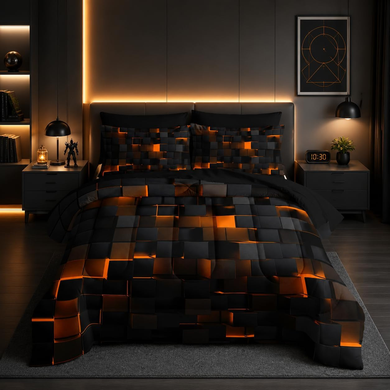 Nttopship Geometric Yellow Black King Comforter Set,Light Honeycomb Bedding Set 7 Piece in a Bag,Bed Sheet Set Geometry Decor,Microfiber Lightweight All Season