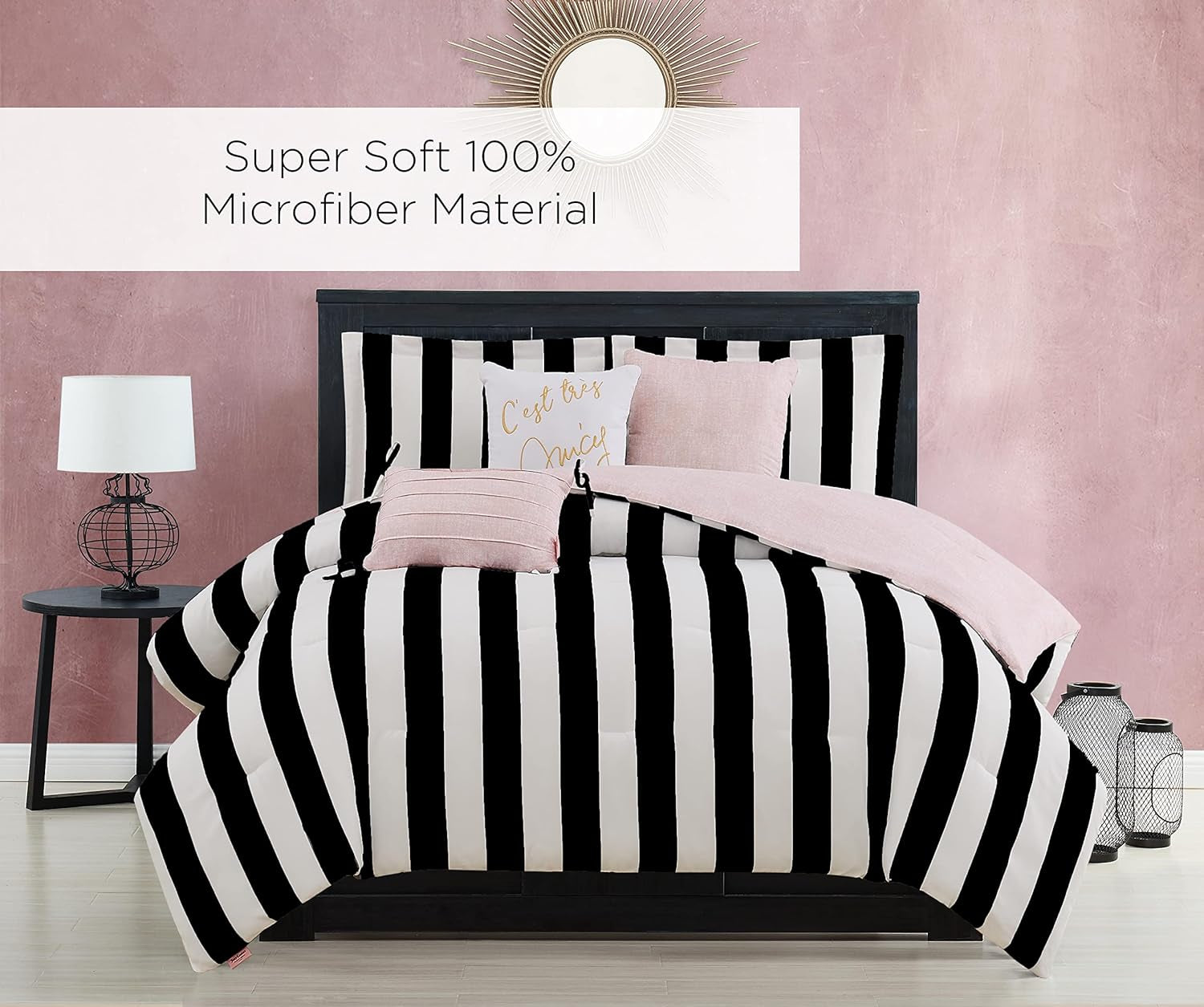 Juicy Couture Cabana Stripe Reversible Bedding Set - Queen Size - Black and White Stripe Print – 6 Piece Set – Includes 1 90" X 90" Comforter, 3 Decorative Pillows, 2 Shams