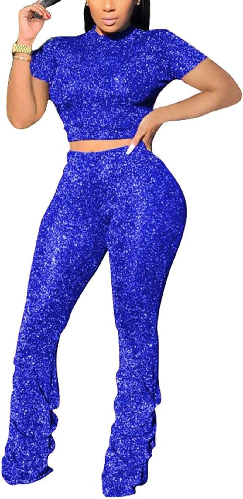 Mintsnow Jumpsuits for Women Casual 2 Piece Sets Sexy Crop Tops Stacked Pants Sweat Suits Blue M