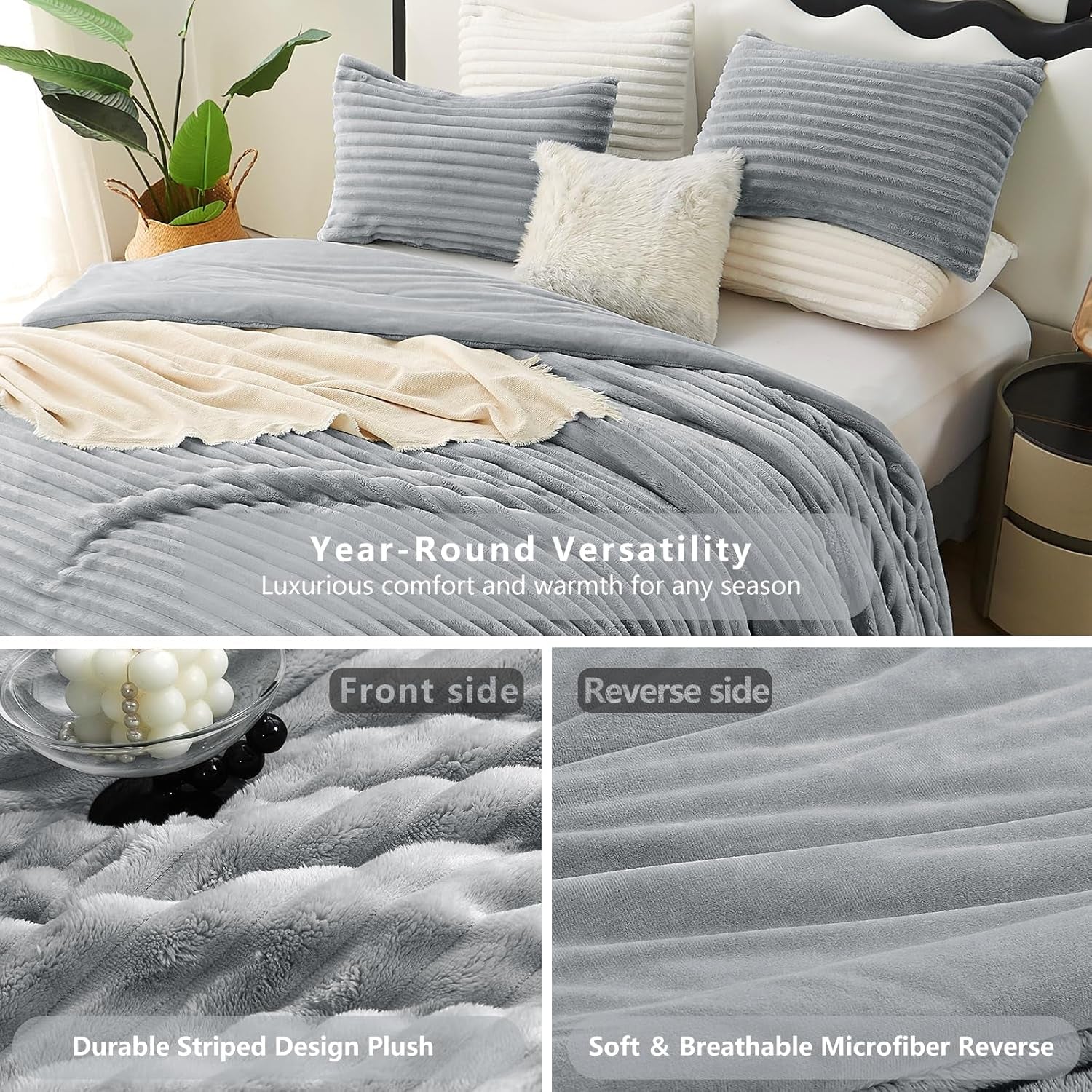 Cozylux Fluffy Queen Comforter Set - Super Soft Faux Fur Grey Comforter Queen Size, Winter Warm Fleece Bedding Set, 3 Pieces Plush Fuzzy Bed Set (1 Shaggy Comforter, 2 Pillowcases)