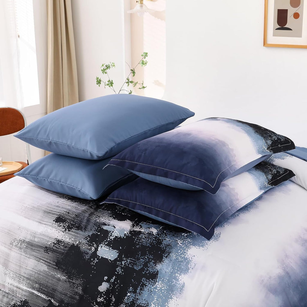 Dinjoy Ombre Blue Comforter Set King Size Gradient Navy Blue Black Boho Bedding Set for Teen Men Women 7 Pieces Bed in a Bag Bohemian Bed Set with Comforter, Sheets, Pillowcases & Shams