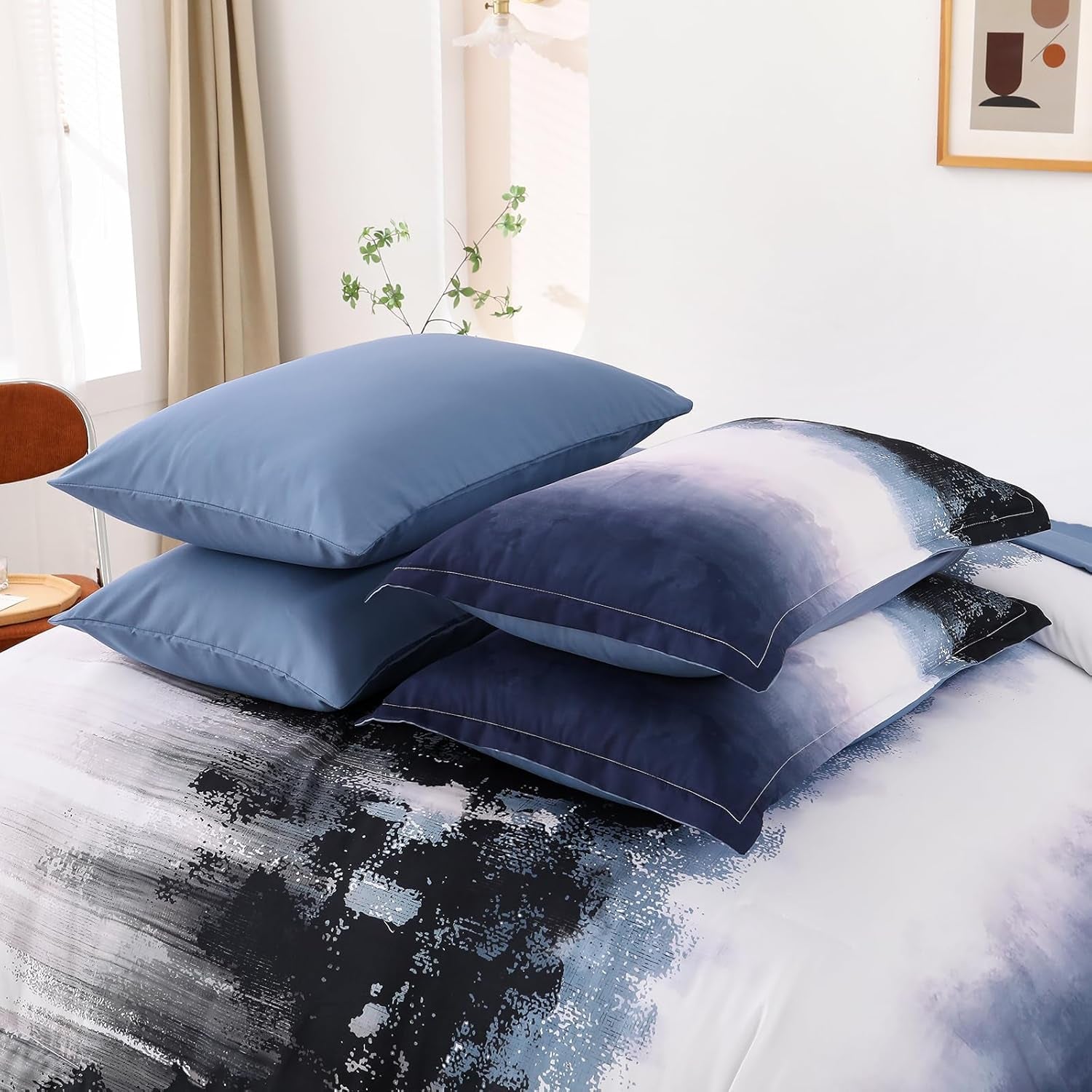 Dinjoy Ombre Blue Comforter Set King Size Gradient Navy Blue Black Boho Bedding Set for Teen Men Women 7 Pieces Bed in a Bag Bohemian Bed Set with Comforter, Sheets, Pillowcases & Shams