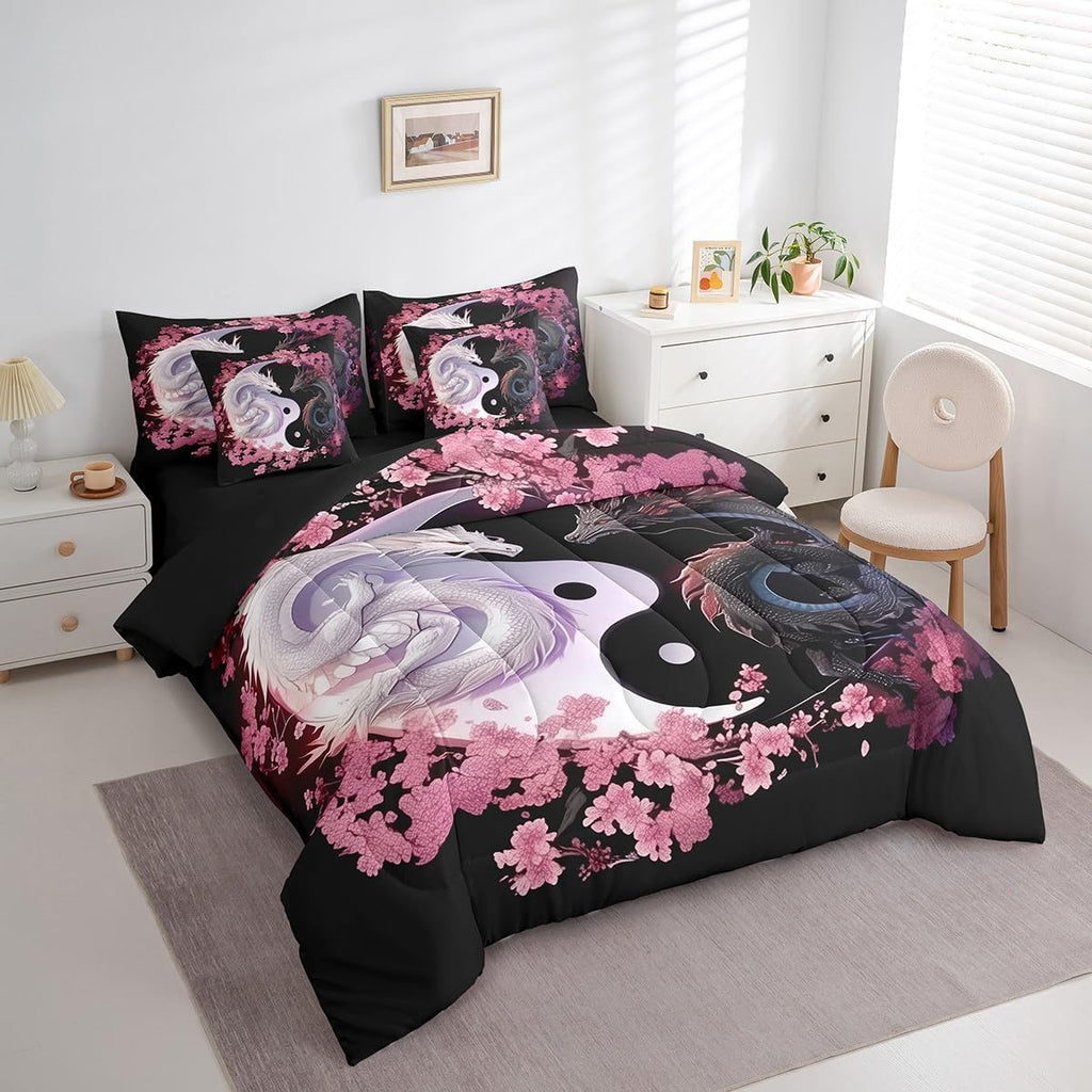 Feelyou Dragon Bedding Set Queen Size Yin Yang Comforter Set 7 Pieces Cherry Blossoms 3D Dragon Ancient Wildlife Couple Lover Bed in a Bag for Romantic Bed Set with Comforter, Sheet Set, Pillowcases