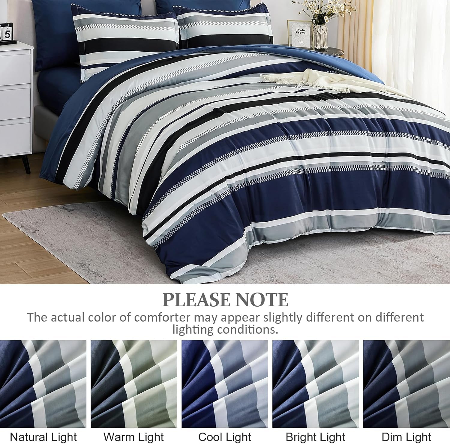 WONGS BEDDING Queen Comforter Set, 7 Pieces Navy Blue Comforter Set Queen Size, Soft Striped Bed in a Bag Bedding Set with Comforter, Flat Sheet, Fitted Sheet, Pillow Shams, Pillowcase