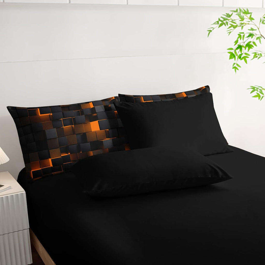 Nttopship Geometric Yellow Black King Comforter Set,Light Honeycomb Bedding Set 7 Piece in a Bag,Bed Sheet Set Geometry Decor,Microfiber Lightweight All Season